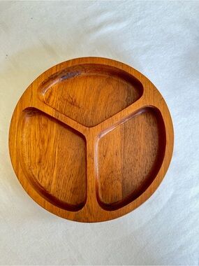 Vintage Dolphin Genuine Teak Wood Divided Serving Tray Round 3 Section 9.5” MCM